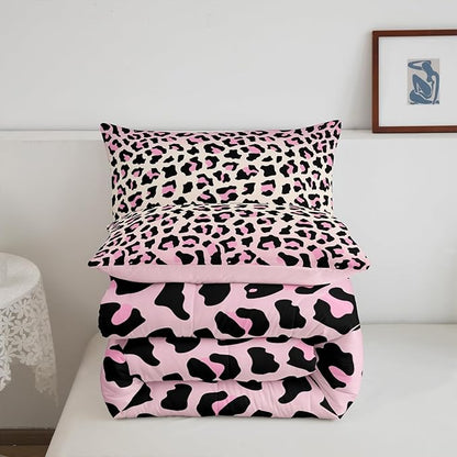 Feelyou Pink Leopard Bedding Set Cheetah Comforter Set for Kids Boys Girls Teens Room Decor Animal Print Comforter Queen Size Safari Duvet Set 3Pcs
