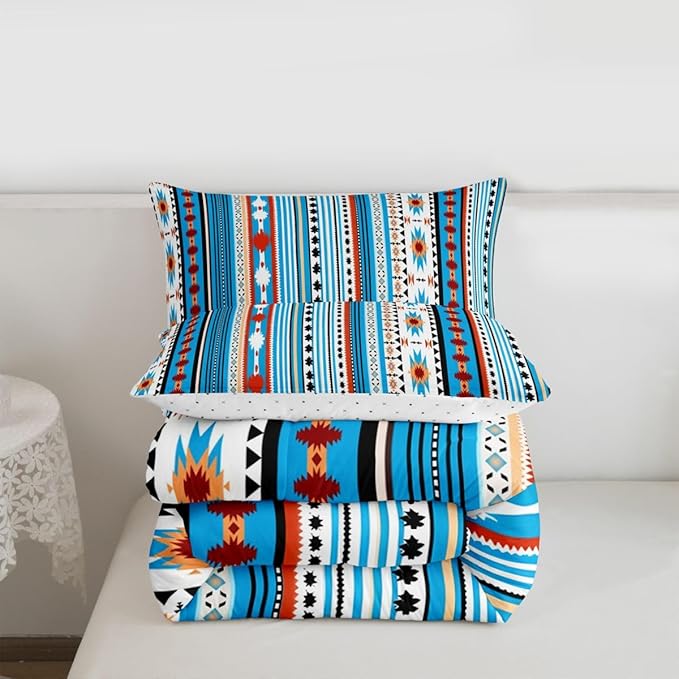 Erosebridal Southwestern Comforter Set Twin Bohemian Geometric Quilt, Ethnic Tribal Arrow Bedding Set Western Duvet Insert, Country Western Bedroom Decor Blue White