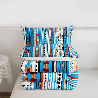 Erosebridal Southwestern Comforter Set Twin Bohemian Geometric Quilt, Ethnic Tribal Arrow Bedding Set Western Duvet Insert, Country Western Bedroom Decor Blue White
