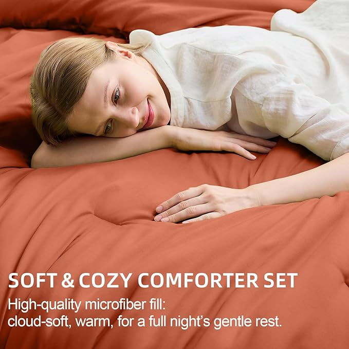 FUANNA Full Size Comforter Sets Burnt Orange, 7 Pieces Soft Bed in a Bag Full, All Season Lightweight Bed Sets with Comforter, Flat Sheet, Fitted Sheet, Pillowcases & Shams