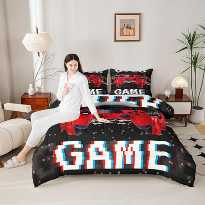 Erosebridal Twin Comforter Set for Boys, Gamer Comforter Gaming Headsets Bedding Sets, Kids Teens Music Game Controller Bedding Comforter Sets, Red Black Quilt Gamer Room Decor