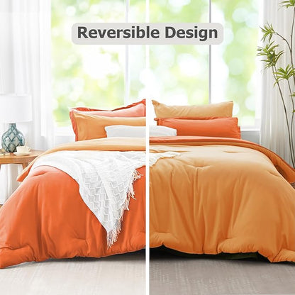 King Size Comforter Set Burnt Orange, Reversible Bedding Set, 7 Pieces Soft Bed in a Bag with Comforter, Sheets, Pillowcases & Shams, All Season Boho Bed Set