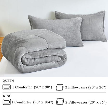 Faux Fur Comforter Set, Ultra Soft Warm Plush Velvet Comforter, Fluffy Fuzzy Fleece Bedding Comforter Sets for Fall Winter, No Shedding, 3PC, Queen Size, Light Grey