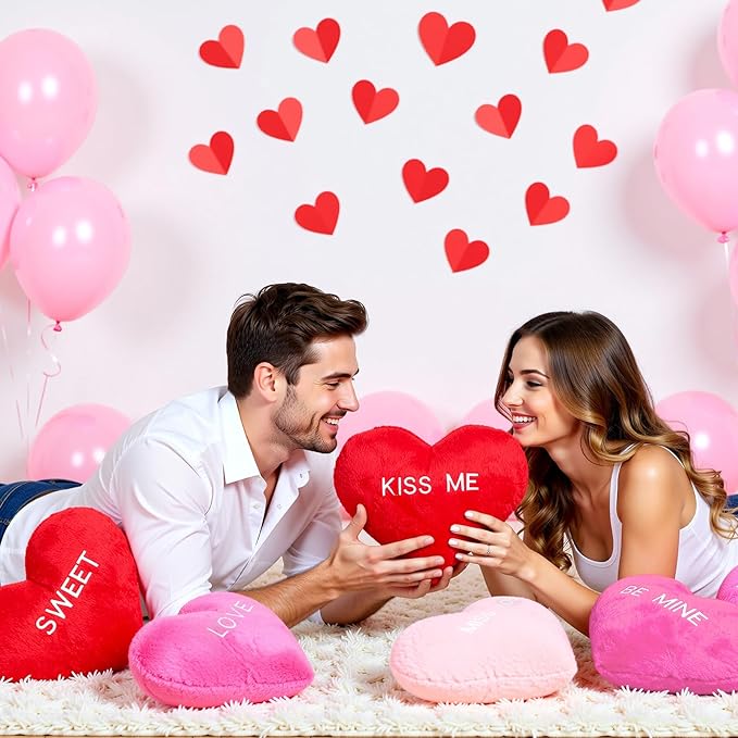 Novabright 6 Pcs Valentines Day Heart Pillows 12", Love Heart Shaped Pillow Plush Throw Pillow, Cute Pink Pillows for Gifts Valentines Day Living Room Bedroom Decor(Conversation)