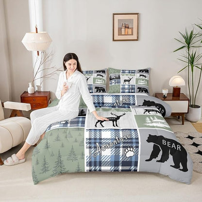 Rustic Cabin Comforter Set, Hunting Bear Deer Bedding Sets King, Forest Animal Wildlife Duvet Insert Cabin Decorations For Home, Country Farmhouse Plaid Grid Claw Down Comforter With 2 Pillow Cases