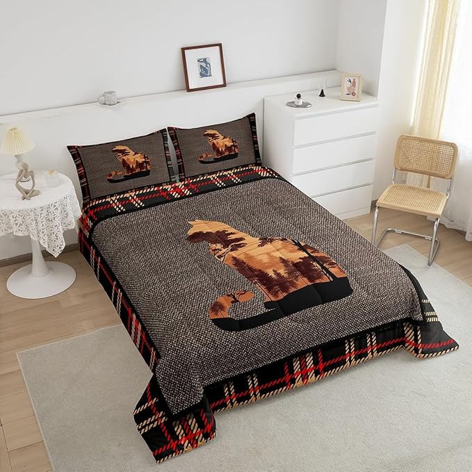 Erosebridal Cute Dog Twin Comforter Set for Boys Girls Kids,Vintage Pet Animals Bedding Set Western Decor,Rustic Farmhouse Down Comforter,Nature Woodland Pattern Grey Orange Duvet Set Room Decor