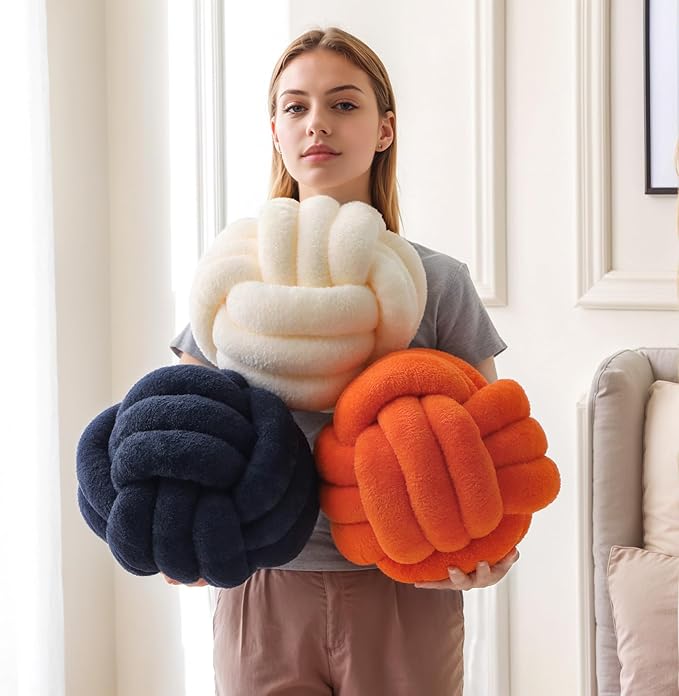 Knot Pillow Ball Plush - Decorative Throw Pillows for Bed Relieve Stress, Round Knot Cushion for Sofa Decor Pet Toy, Orange 12 inch