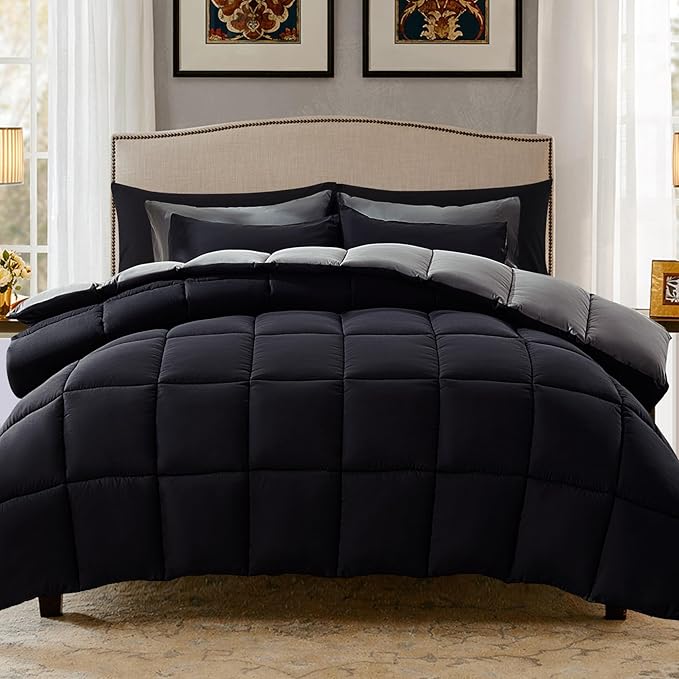 Decroom Lightweight Queen Comforter Set with 2 Pillow Sham - 3 Pieces Set - Quilted Down Alternative Comforter/Duvet Insert for All Season - Black/Grey - Queen Size