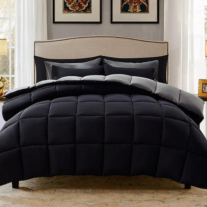 Decroom Lightweight Twin Comforter Set with 1 Pillow Sham - 2 Pieces Set - Quilted Down Alternative Comforter/Duvet Insert for All Season - Black/Grey - Twin/Twin XL Size