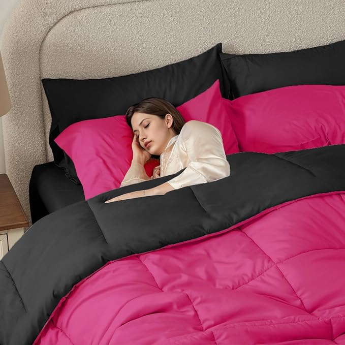 Anluoer King Comforter Set,Hot Pink&Black Bed in a Bag 7 Piece,Lightweight Bedding Set with Soft Down Alternative Fill,Bed Set Includes Comforter, Fitted Sheet, Flat Sheet,Pillowcases and Shams