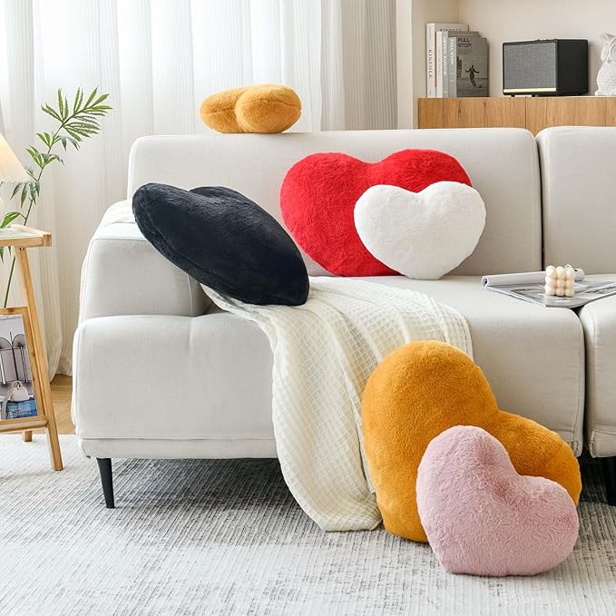 Black Heart Pillows, Cute Heart Decorative Pillow, Heart Shaped Throw Pillows for Bed, Faux Rabbit Fur Plush Hoom Decor Pillow Cushion for Chair Sofa Living Room (Mini 12.9" x 9.8")