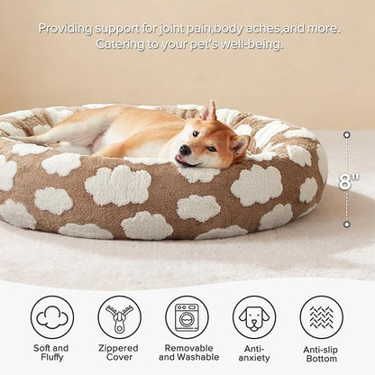 JOEJOY Donut Dog Bed Medium Size Dog, Cute Round Calming Pet Bed with Removable Washable Cover, Orthopedic Puppy Bed with Jacquard Shaggy Plush & Non Skid Bottom