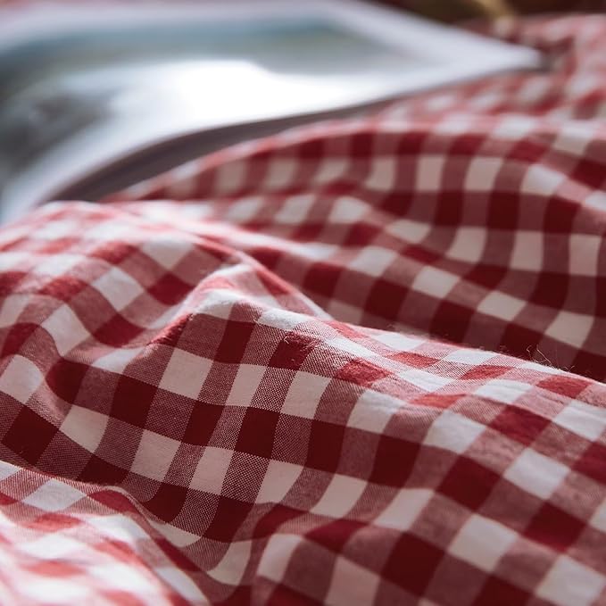 mixinni Red Gingham Comforter Set King, Plaid Comforter Set 3 Pieces 1 Red Grid Comfoter with 2 Pillow Cases for All Seasons, Soft Fluffy Modern Grid Pattern Printed Bedding-King Size