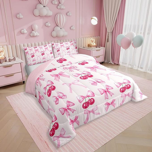 Erosebridal Pink Plaid Bow Bedding Comforter Sets King Cute Bowknot Comforter Set Girls Grids Ribbon Bow Cherry Bedding Set Kawaii Watercolor Duvet Insert for Kids Teen Women Room Decor 3 Pcs