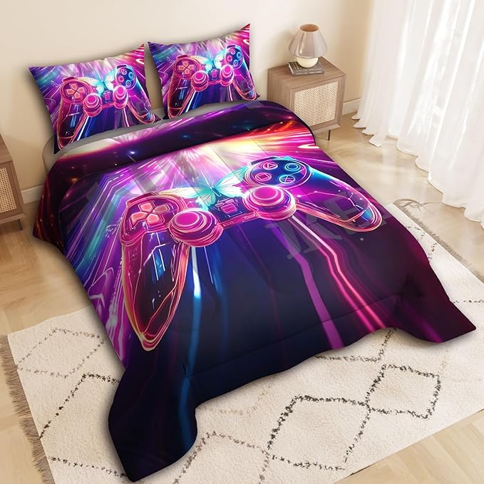 Gamer Comforter Set, 3D Butterfly glaxy Pattern for Kids Teens Adults,Decorative Bedding Comforter Sets with 2 Pillow Shams, King Size