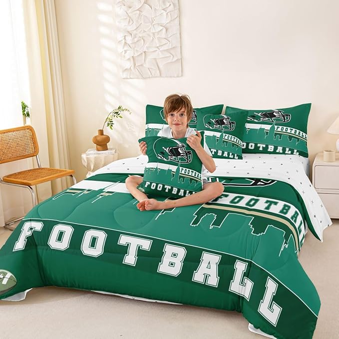 Erosebridal Football 7 Pcs Comforter Set King Football City Bedding for Men Boys Green Football Fans Sheet Set Bed in A Bag Rugby Game Room Decor Sports Ball Competition Quilt