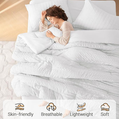 MUXHOMO 7 Pieces King Comforter Set, Seersucker Bed in a Bag King Size, All Season Luxury Bedding Set with Comforter, Flat Sheet, Fitted Sheet, Pillowcases & Shams, White