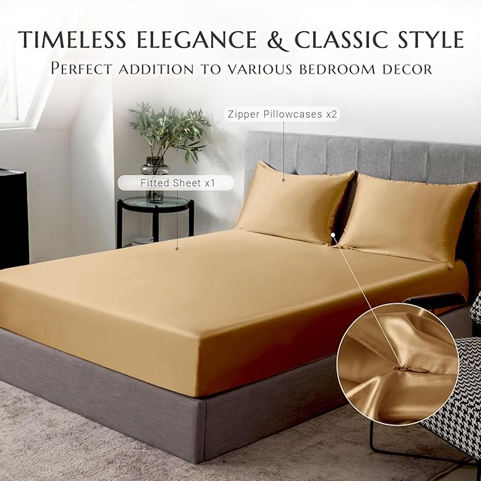 THXSILK 100% Mulberry Silk Fitted Sheet Set, 7A+ Silk 3 Pieces Bed Sheets, Breathable, Smooth, 16 Inch Deep Pocket Fitted Sheet, 2 Pillowcases - Metallic Gold, King