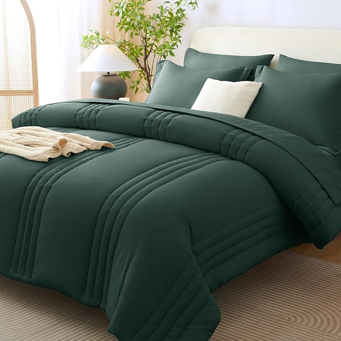 CozyLux King Comforter Set - 7 Pieces Bed in a Bag Forest Green Comforter Set with Sheets Luxury Bed Set All Seasons, Soft Bedding Set with Down Alternative Comforter, Sheets, Pillowcases & Shams
