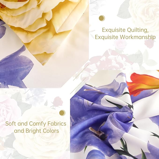 Drucon Yellow Floral Comforter Queen Size 7 Pieces Bedding Sets Bed in a Bag, Botanical Floral Comforter with Sheet Set, Soft Microfiber Bedding Set for All Season(Yellow, 90"x90")