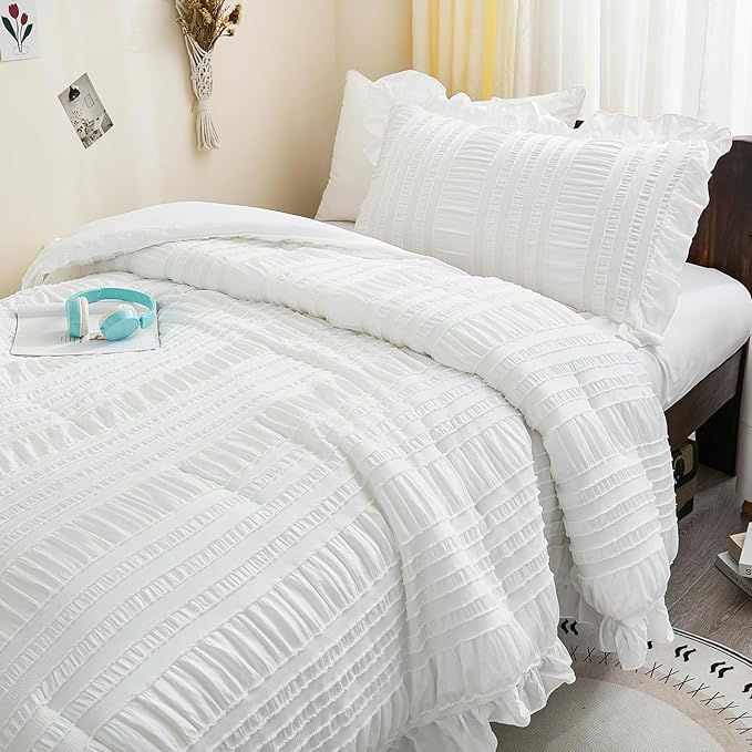 WONGS BEDDING White Comforter Set Twin, 3 Pieces Ruffle Shabby Chic Comforter for Dorm Room Essentials for Twin Bed, Soft Seersucker Bedding Set with 1 Ruffle Comforter, 2 Tufted Pillowcases 86"×68"
