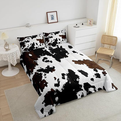 Feelyou Black Cow Fur Printed Comforter Set for Kids Boys Girls Western Cowboy Comforter Cowhide Pattern Bedding Set King Size Bedroom Decor Farm Animal Skin Duvet Set Quilt Set 3Pcs