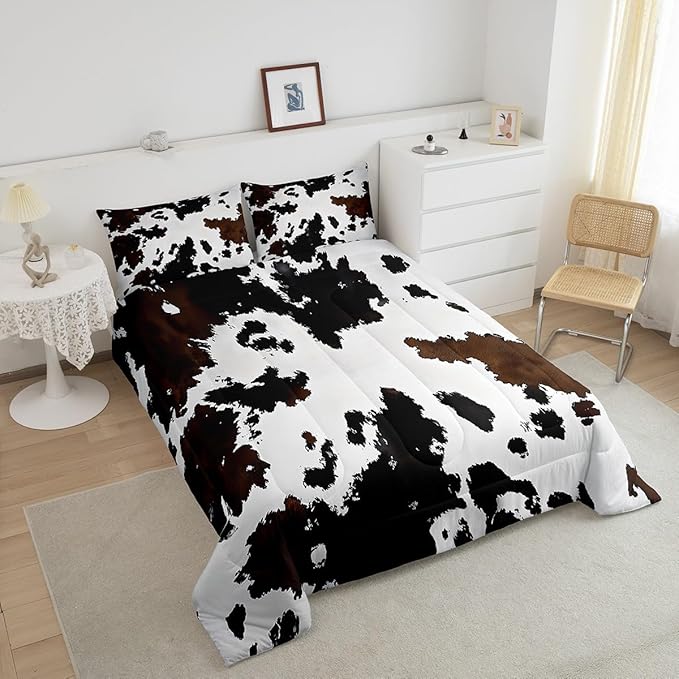 Feelyou Black Cow Fur Printed Comforter Set for Kids Boys Girls Western Cowboy Comforter Cowhide Pattern Bedding Set Twin Size Bedroom Decor Farm Animal Skin Duvet Set Quilt Set 2Pcs