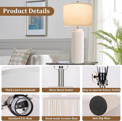 28’’ Farmhouse Ceramic Table Lamps Set of 2 for Living Room, Cream Vintage Bedside Table Lamps with White Linen Shade, Rustic Nightstand Lamps for Bedroom Home Office End Table Dorm