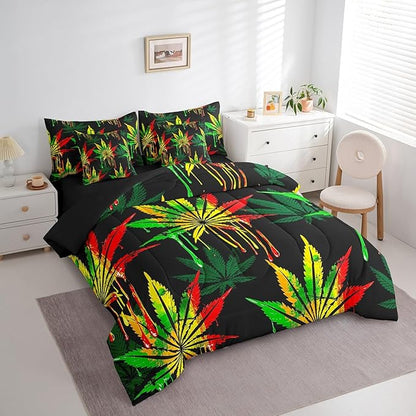 Feelyou Marijuana Comforter Set Twin Size 7 Pcs Cannabis Leaf Comforter Bed in a Bag Green Leaves Bedding Set for Boys Girls Teens Trippy Bed Set with Sheets, Pillowcases, Pillow Covers