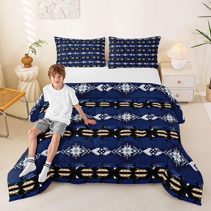 Erosebridal Western Quilt Vintage Geometric Bedding Set,Boho Western Comforter Set Full Duvet Insert,Rustic Home Decor Rustic Farmhouse Bedroom,Aztec Bedding Full Native American Decor Blue