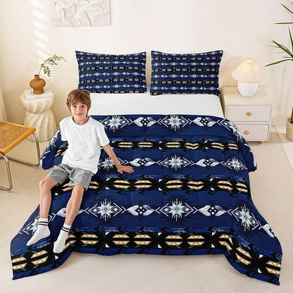 Erosebridal Western Quilt Vintage Geometric Bedding Set,Boho Western Comforter Set Full Duvet Insert,Rustic Home Decor Rustic Farmhouse Bedroom,Aztec Bedding Full Native American Decor Blue