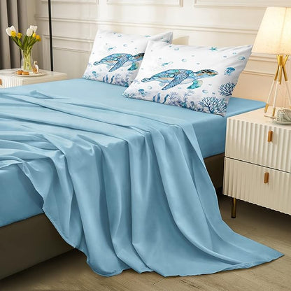 Sea Turtle Comforter Ocean Theme Bedding Set Full Size Bed in a Bag 8 Pieces Bed Set with 1 Ocean Comforter, 1 Blue Flat Sheet, 1 Fitted Sheet, 4 Pillowcases, 1 Cushion Cover(Sea Turtle, Full)