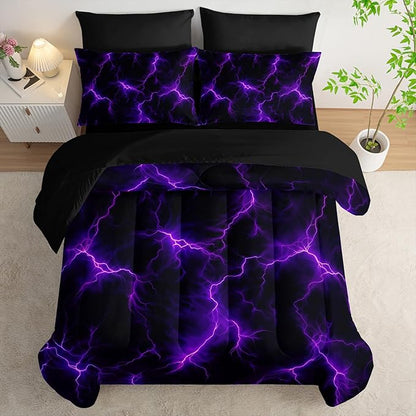 Violet Lightning Comforter Set King Thunder Bedding Sets 7PCS,Purple LightLight 7 Piece in A BagLight Violet Lightning Bedding Set 7 Piece in A Bag,Bed Sheet Set Abstract Decor All Seasons
