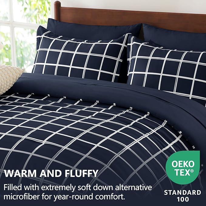 CozyLux Queen Comforter Set with Sheets - 7 Pieces Plaid Bed in a Bag Set Navy Blue, Queen Bedding Sets Bed Set with All Season Quilted Comforter, Flat Sheet, Fitted Sheet, Pillowcases & Pillow Shams
