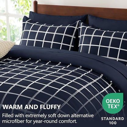 CozyLux King Size Comforter Set Navy Blue - 7 Pieces Plaid Bed in a Bag Set, Soft Bed Set King Bedding Sets with All Season Quilted Comforter, Flat Sheet, Fitted Sheet, Pillowcases & Pillow Shams