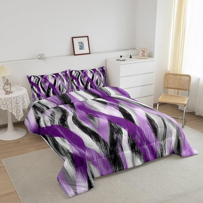 Erosebridal Geometric Stripes Comforter Toddler Modern Abstract Comforter Set Black Grey Purple Bedding Set for Girls Teen Women Swirl Lines Quilt Duvet Room Decor 2 Pcs