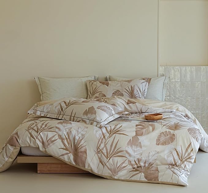 Cotton King Size Comforter Set, 3Pcs All Seasons Floral Duvet with Corner Tabs,Beige Soft Bedding Set, 1 Lightweight Comforter and 2 Pillow Shams