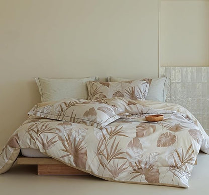 Cotton Queen Size Comforter Set, 3Pcs All Seasons Floral Duvet with Corner Tabs,Beige Soft Bedding Set, 1 Lightweight Comforter and 2 Pillow Shams