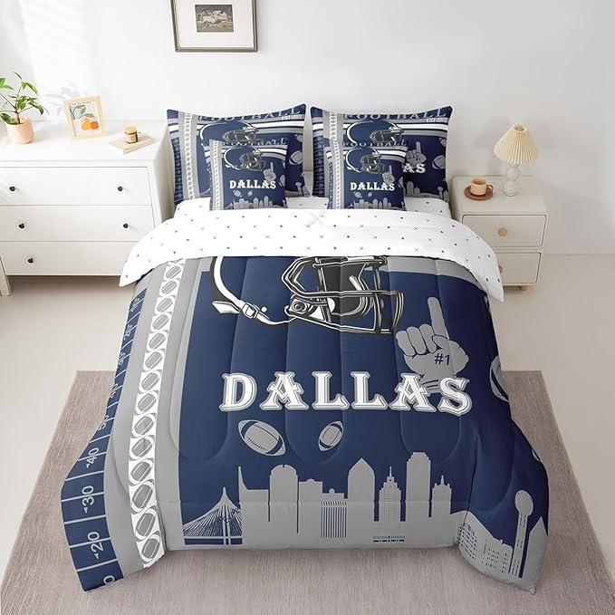 Feelyou Football 7 Pieces Comforter Sets Full Size Bedding Set for Boys Kids Teen Sports Theme Football City Bed in a Bag with Comforter, Sheets, Pillowcases & Cushion Cover