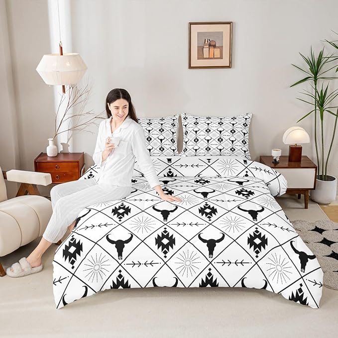Erosebridal Boys Bull Skull Comforter Set Toddler Size, Ethnic Western Horns Bedding Set Teens Tribal Aztec Boho Southwestern Duvet Insert Farmhouse Animal Vintage Quilt, 1 Pillow Case, Black White