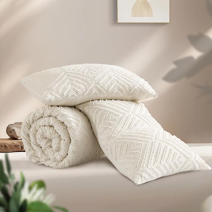Andency Oversized King Comforter 120''x120'', 3 Pieces Beige Super King Boho Bedding Set & Collections, All Season Soft Farmhouse Tufted Fluffy Bed Set (1 Comforter, 2 Pillowcases)
