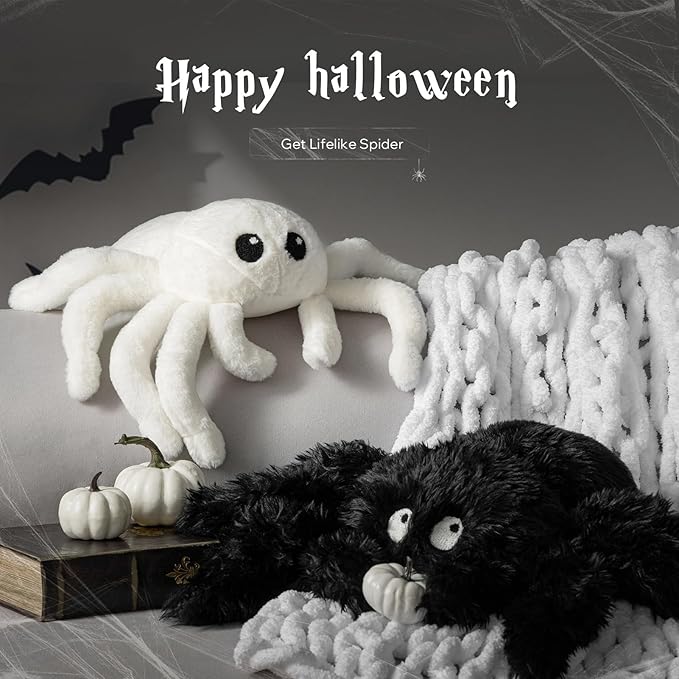 Phantoscope Happy Halloween Spider Shaped Throw Pillow, Faux Fur Fluffy Tarantula Shaped Halloween Cushion Pillow, Black, 9 x 16 inch