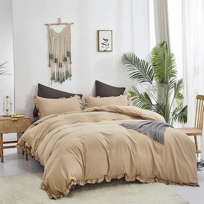 CLOTHKNOW Champagne Ruffles California King Comforter Set Farmhosue Bedding Comforter Sets Soft Khaki Boho Comforter with 2 x Pillow Cases