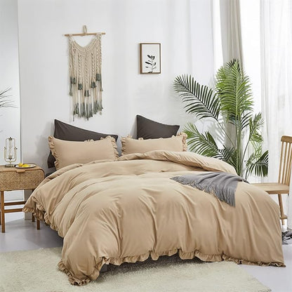CLOTHKNOW Champagne Ruffles California King Comforter Set Farmhosue Bedding Comforter Sets Soft Khaki Boho Comforter with 2 x Pillow Cases
