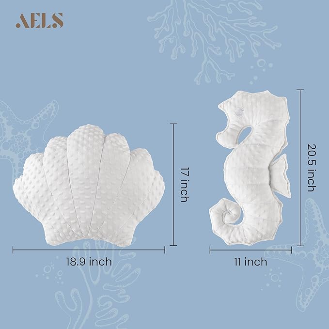 AELS Coastal Throw Pillows Set of 2, Shell Seahors Pillows, Beach Ocean Nautical Themed Smooth Soft Minky Decorative Throw Pillows, Cute Pillow for Couch Sofa Bed Living Room Bedroom Nursery, White
