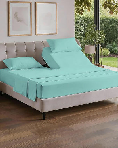 Split Head King Sheet Set – 4 Piece Flex Split Top King Sheets for Adjustable Beds - Fits 14” to 16" Mattress w/ Deep Pockets - Soft, Breathable & Cooling - Luxury Bedding and Wrinkle Free - Spa Blue