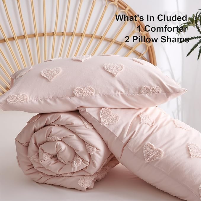 Boho Tufted Comforter Set Queen Size Pink Heart Tufted Textured Bedding Set 3 Pieces Farmhouse Shabby Chic Embroidery Bed Set Soft Jacquard Comforter for All Season with 2 Pillowcases