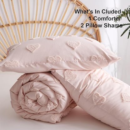 Boho Tufted Comforter Set Queen Size Pink Heart Tufted Textured Bedding Set 3 Pieces Farmhouse Shabby Chic Embroidery Bed Set Soft Jacquard Comforter for All Season with 2 Pillowcases