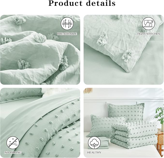 7 Pieces Tufted Dots Bed in a Bag King Comforter Set with Sheets Green , Soft and Embroidery Shabby Chic Boho Comforters, Solid Color with Pom Pom Design, Jacquard Tufts Bedding Set for All Season