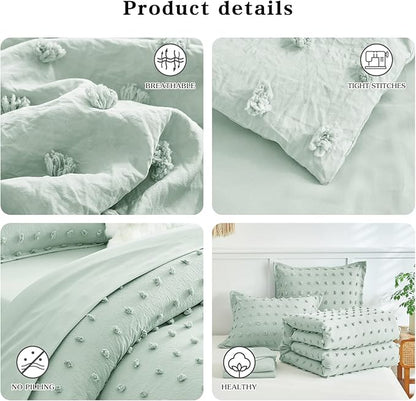 7 Pieces Tufted Dots Bed in a Bag Queen Comforter Set with Sheets Green , Soft and Embroidery Shabby Chic Boho Comforters, Solid Color with Pom Pom Design, Jacquard Tufts Bedding Set for All Season